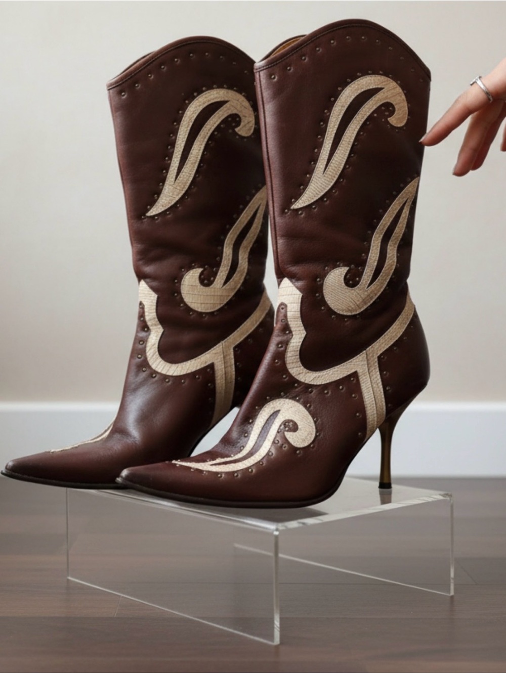 Y2K Brown Western Cowboy Boots Studded Pointed Toe Knee High Stiletto EU 38